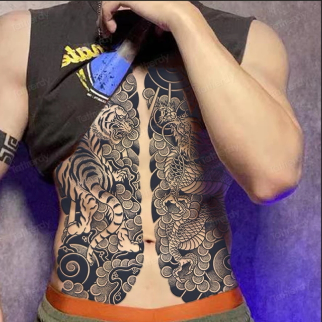 I KS001 虎龍TATOOシール 本格派タトゥーシール 和柄 和彫り入れ墨シール 胸腹用入れ墨 簡単長持ち イベントや動画撮影に リアル刺青シール