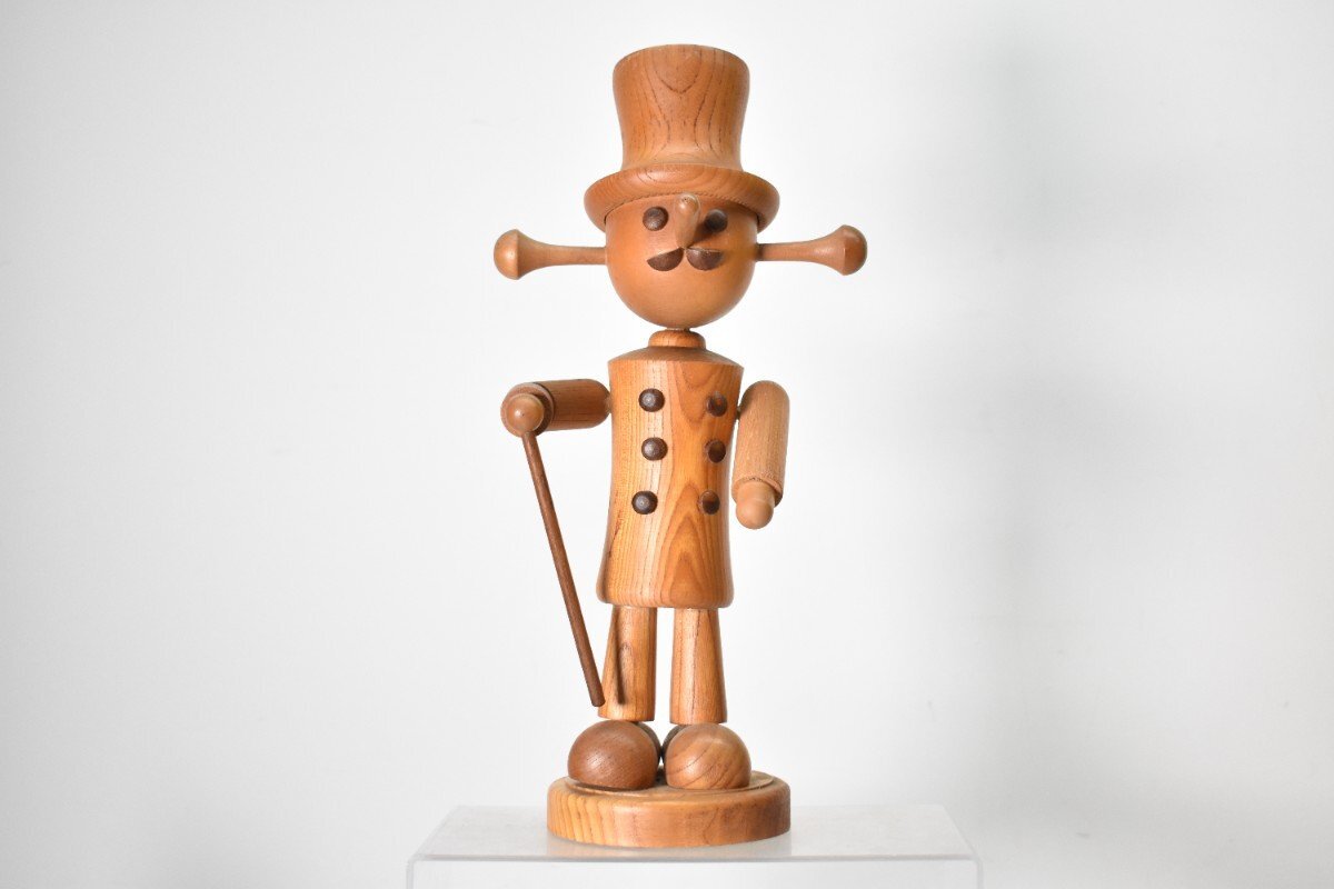 木製人形 ステッキを持った紳士 オブジェ 約32cm [おじさん][シルクハット][置物][当時物]H