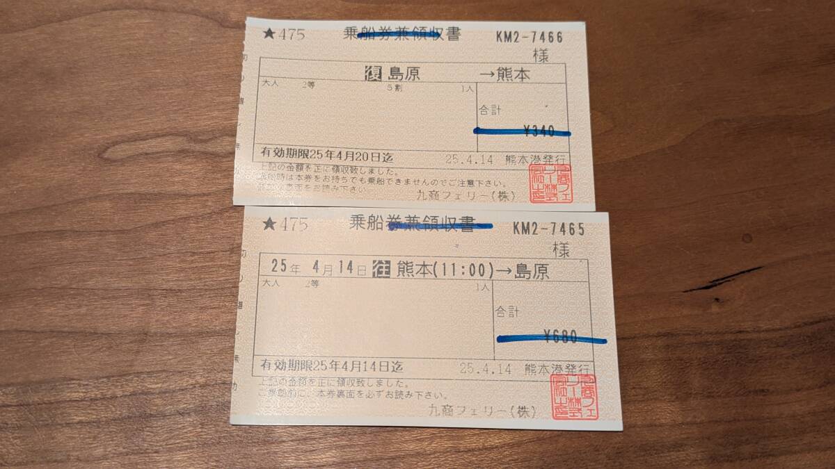 九商フェリー　熊本島原　往復切符 乗船券兼領収証