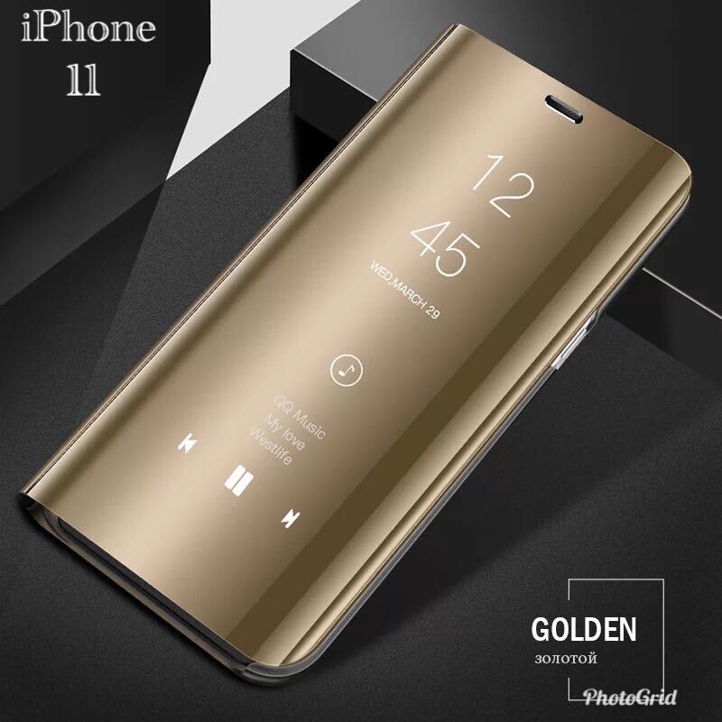 iPhone11 6.1 手帳型ケース　ミラーケース スマホケース　光沢　鏡面　鏡面加工 液晶フィルム　付き　スケルトン クリアケース ゴールド