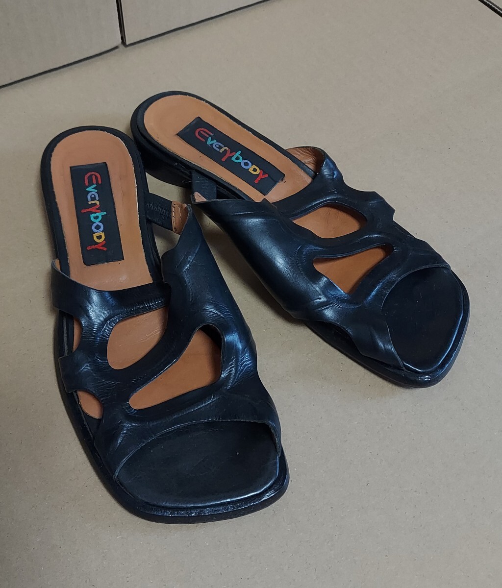 vintage ヴィンテージ サンダル レザー レザーサンダル 古着 ビンテージ スクエアトゥ フラット フラットシューズ ブラック 黒 leather 靴