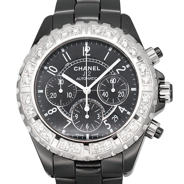 シャネル CHANEL J12 ブラック文字盤 ブラックセラミック/SS アフターダイヤベゼル メンズ腕時計 自動巻き 41mm クロノグラフ ブランド