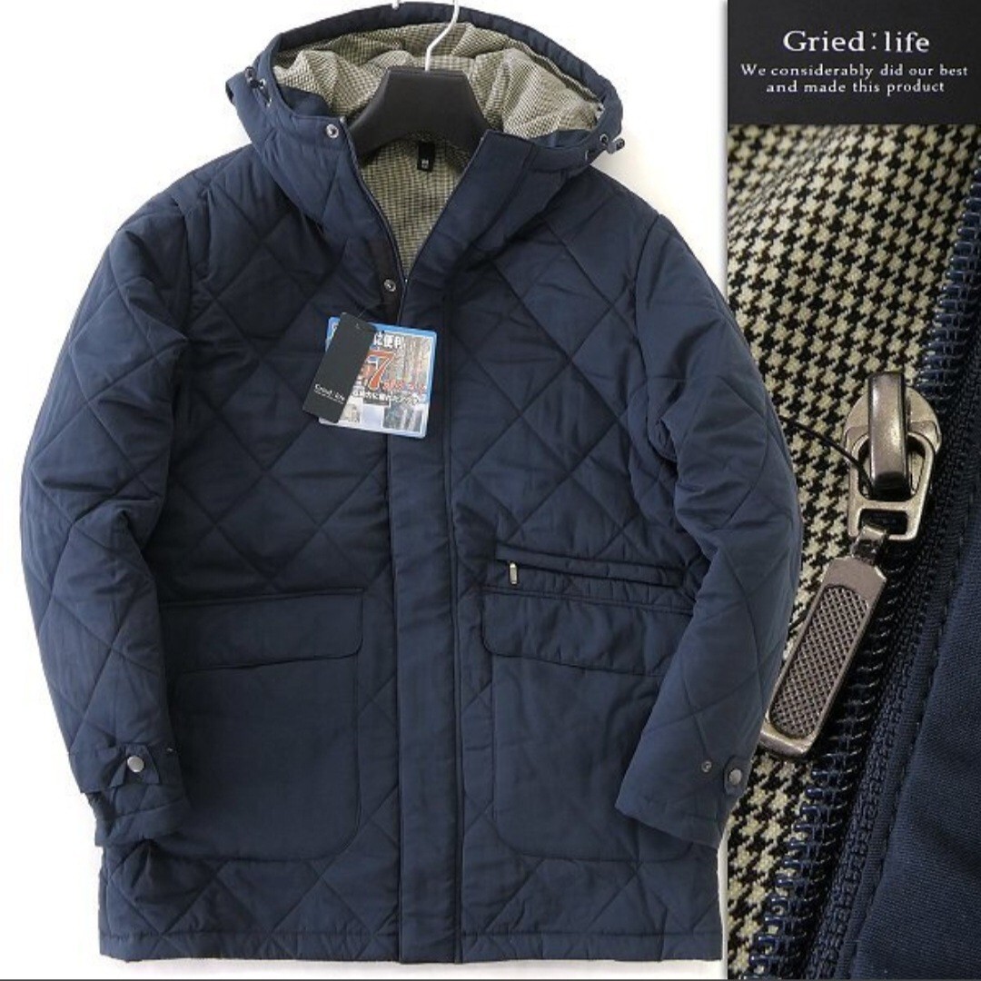 【国内ブランド新品】Gried life ピーチ ダイヤキルト 中綿 フー ド 紺 秋冬 ンズ 千鳥柄 ジャケット ブルゾン フーデットサイズメンズM