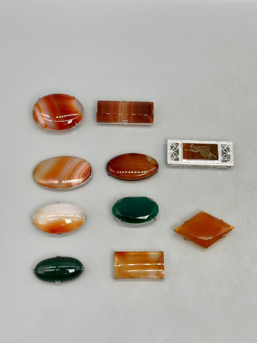 10点セットまとめ瑪瑙帯留め　赤瑪瑙　緑瑪瑙　アクセサリー 和装小物 着物 ヴィンテージ　細工精美　SLIVER 宝石