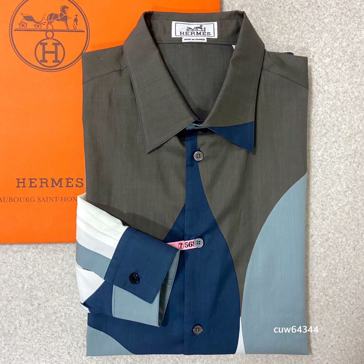 国内正規品 美品 43 XL Hermes エルメス ミックスプリント 長袖シャツ ブラウン×ホワイト×ブルー系 純正ショッパー