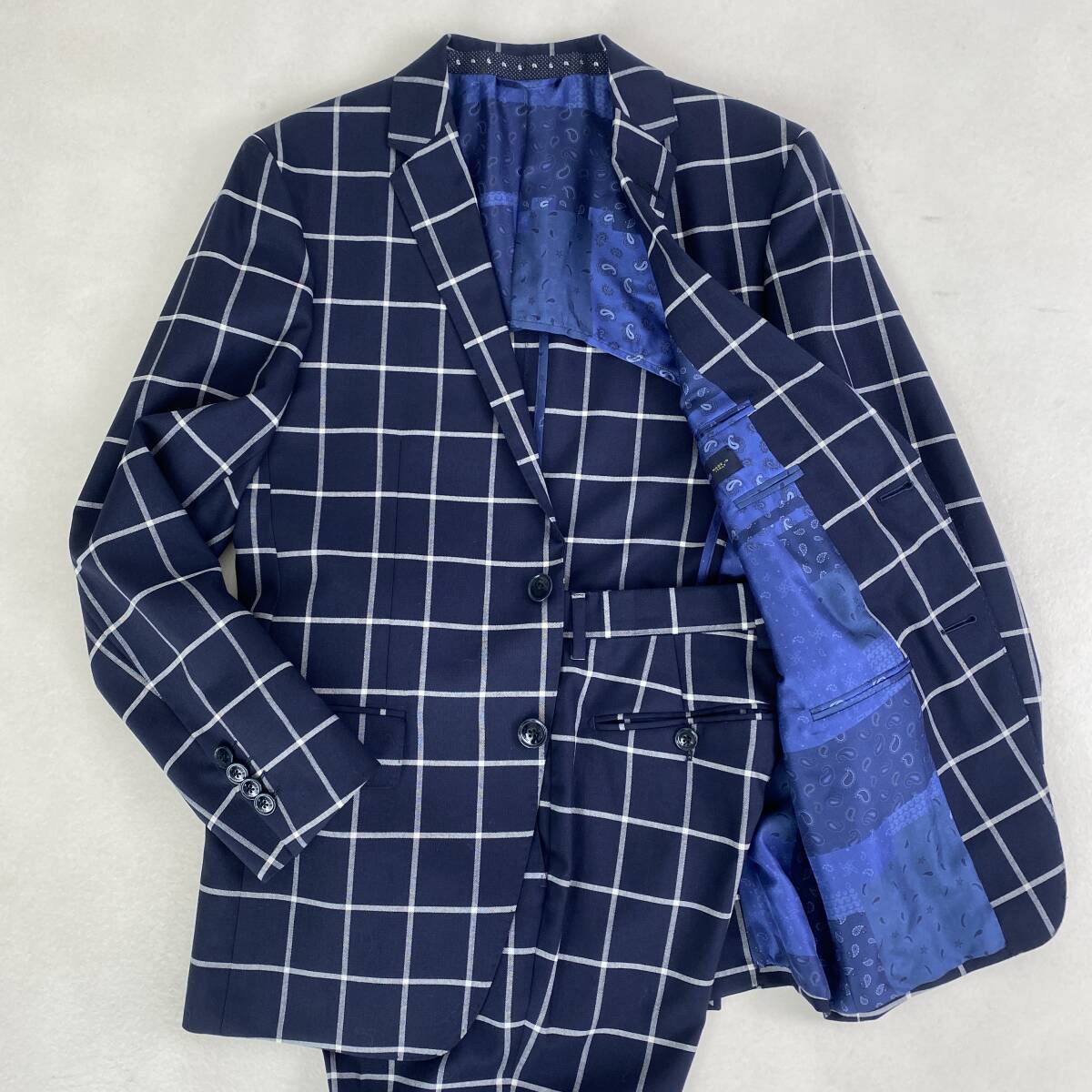 美品 ETRO エトロ スーツ セットアップ ウィンドウペン 本切羽 背抜き サイドベンツ イタリア製 毛100% 濃紺 ネイビー サイズ46 M相当