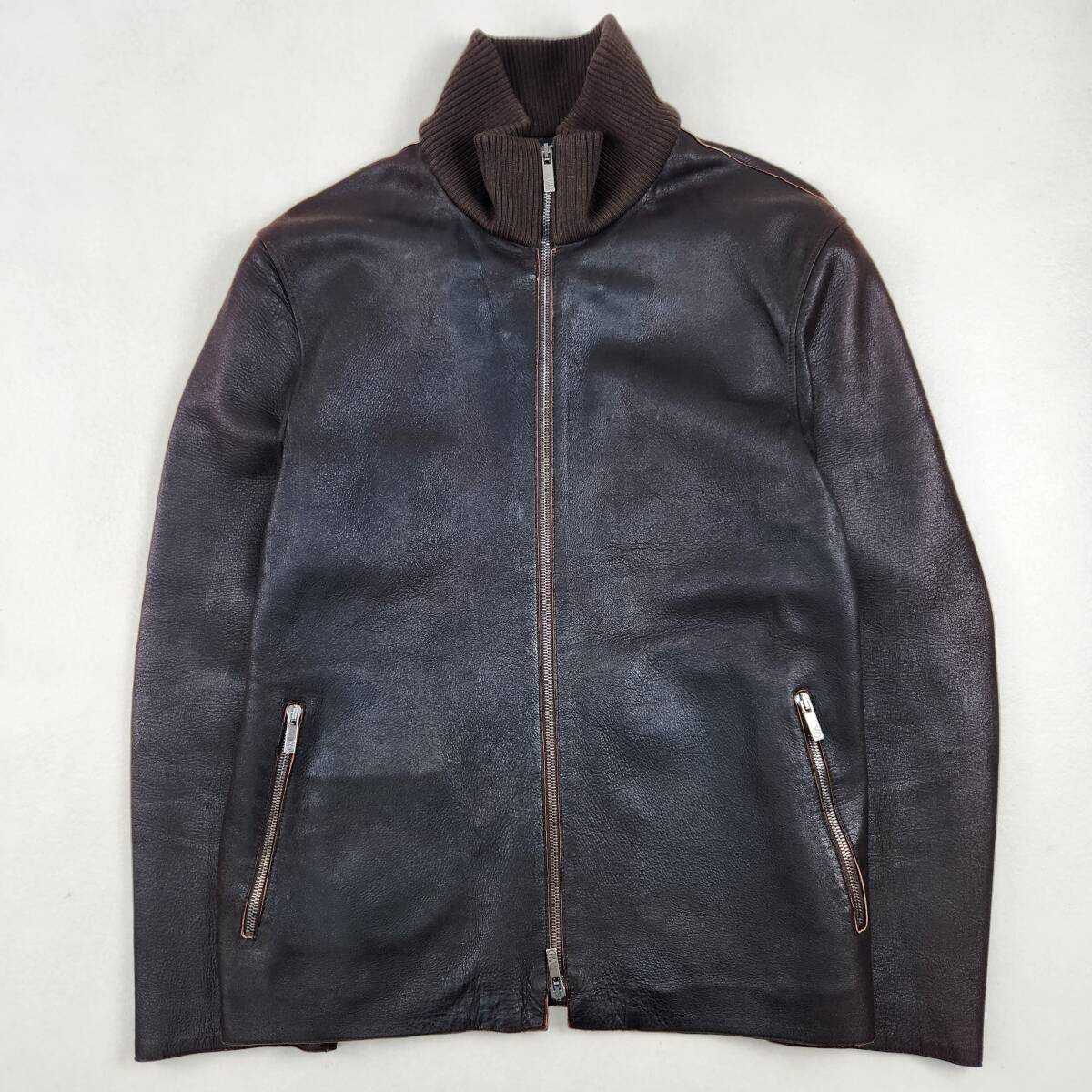 極上 ジョルジオアルマーニ GIORGIO ARMANI 紳士 レザージャケット ライダース ブルゾン 一枚仕立て 羊革 ラムレザー しっとり 46 M相当