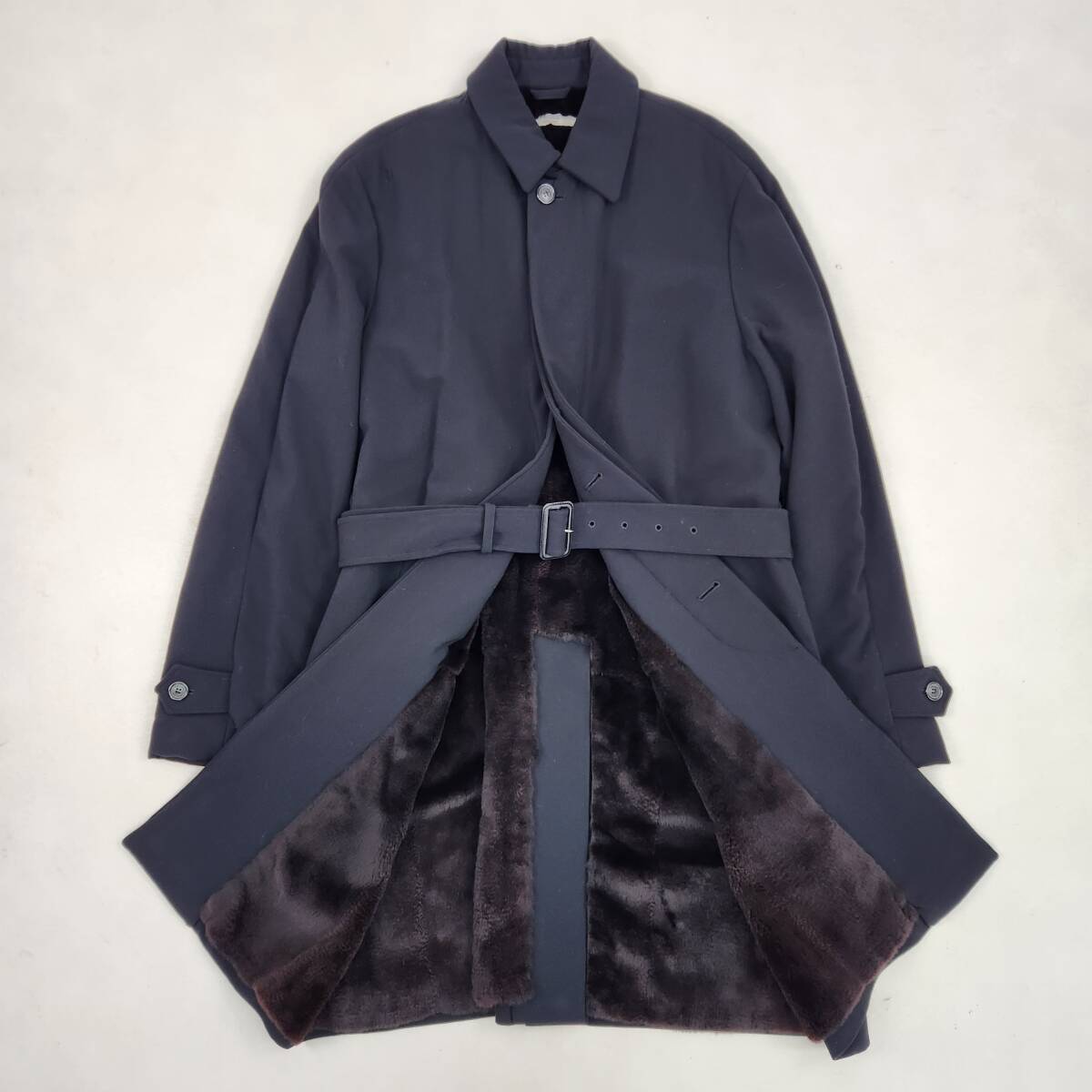 希少◎XL相当 PRADA ロングコート 毛皮ライナー付 プラダ 裏地ファー 毛皮 ベルト付き ブラック 黒 ウール 紳士 ステンカラーコート