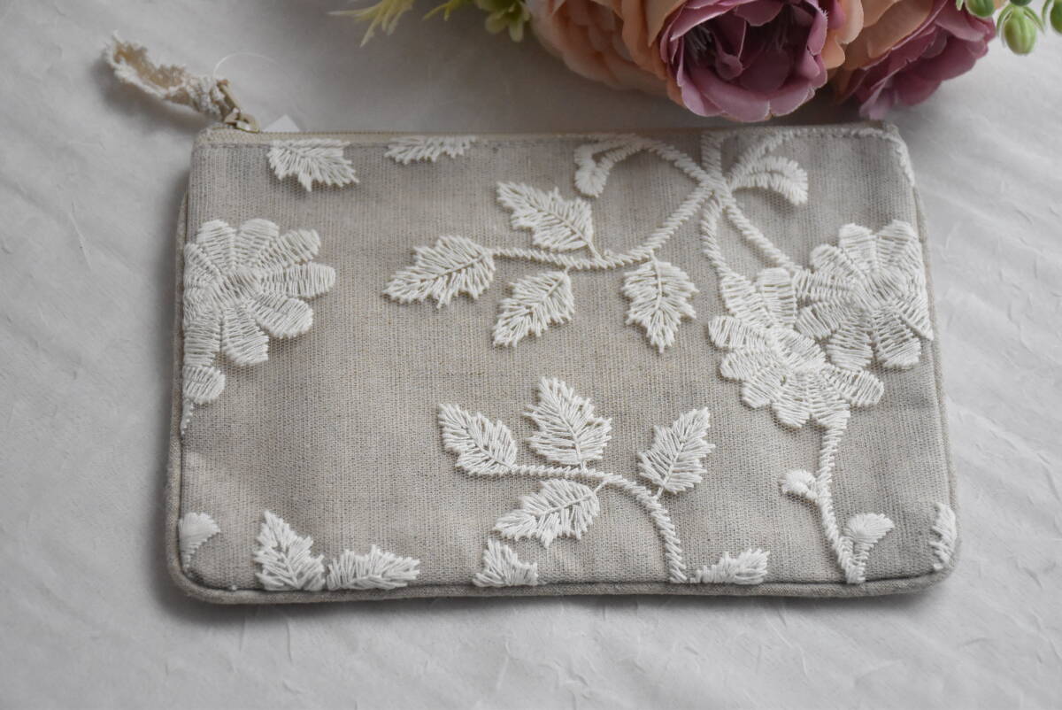 S-WO1-3*条件付き送料無料も有！*フラットポーチ*13×18*コットンフラワー*チュールレース*刺繍*麻*花*ナチュラル*可愛い*綺麗*小銭入れ