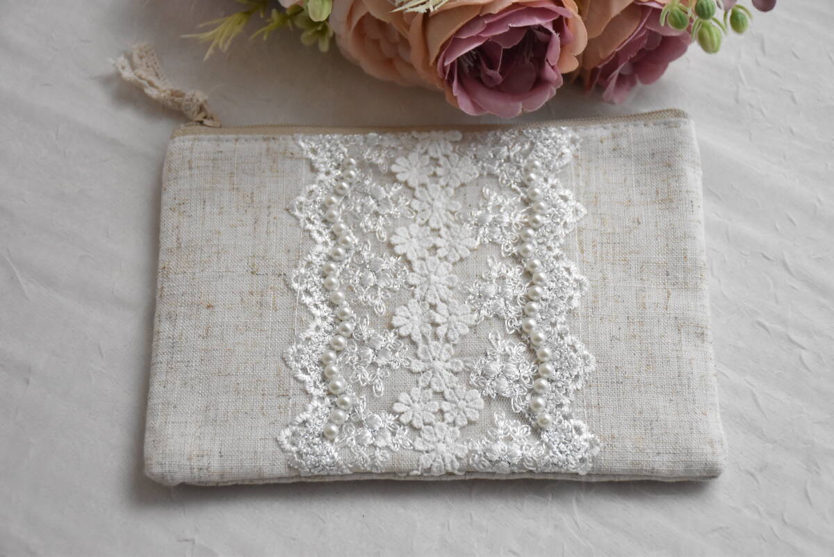 S-WO2-3*条件付き送料無料も有！*フラットポーチ*13×17.5*パール*刺繍*花*麻*ナチュラル*可愛い*綺麗*メイクポーチ*収納