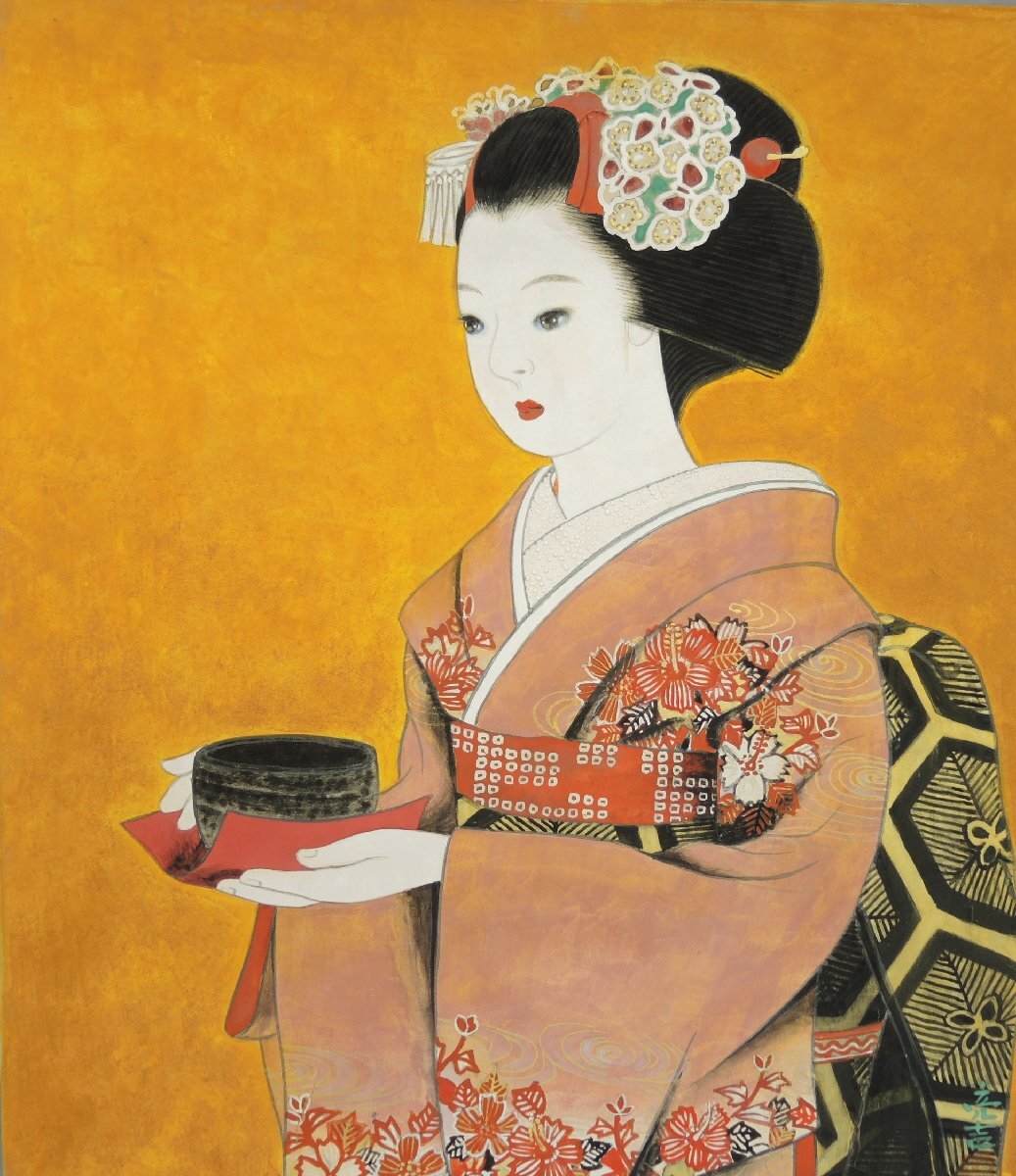 宮崎亮吉 美人画 日本画 板に貼付した紙に彩色 10号 Japanese painting 亮吉 額入り 共シールなし 中古 現状お渡し