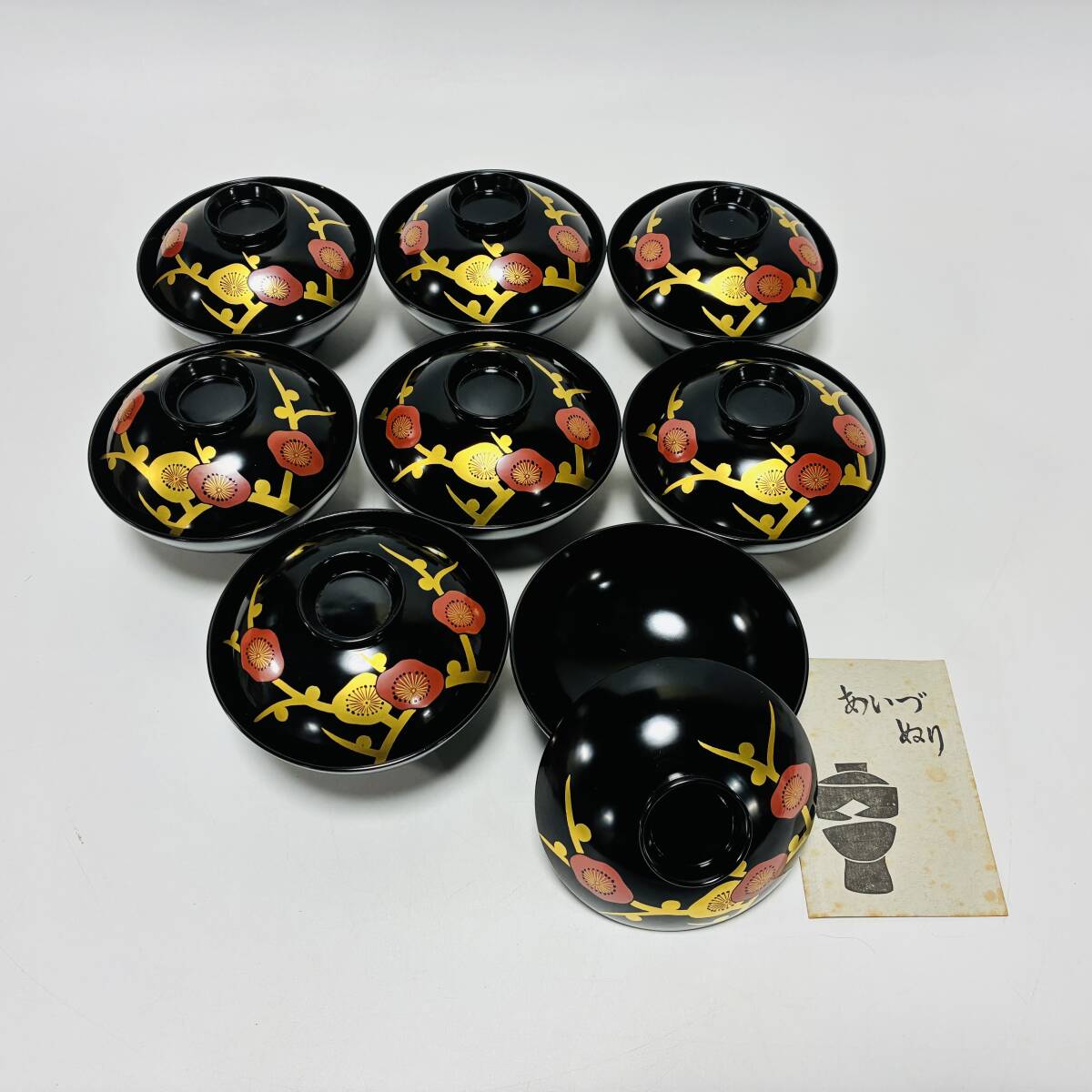 【64407C】AIIZU 会津塗 朱磨金 木製 黒 吸物椀 漆芸漆器 金彩蒔絵梅 8客 あいづぬり 汁椀 現状品 経年保管品