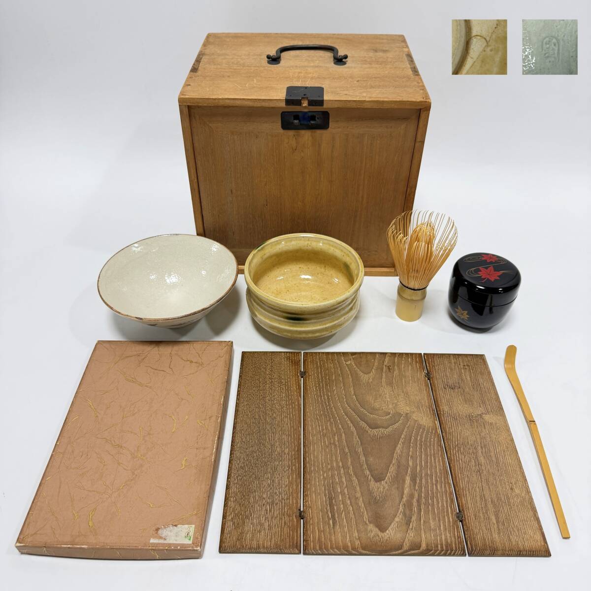 【62963V】未使用品在り 短冊箱セット ミニ 建水 茶碗 棗 茶筅 茶杓 器据 茶道具 茶器 銘印在 経年保管品 現状品