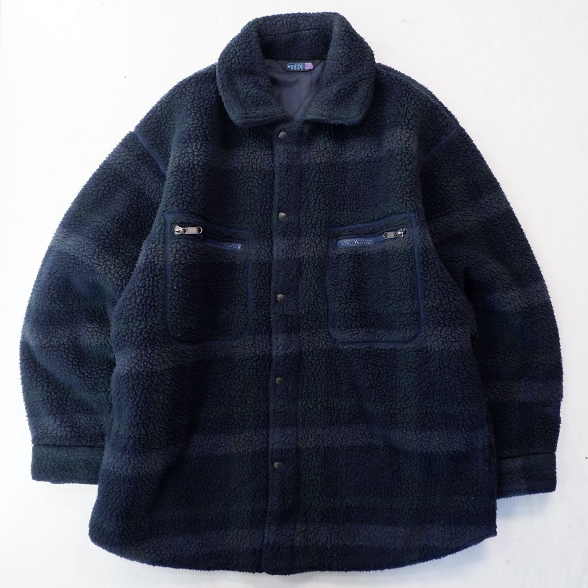 希少★90's 旧タグ THE NORTH FACE ノースフェイス ロゴ刺繍 チェック柄 ボア 裏キルティング フリース ジャケット Mサイズ ヴィンテージ