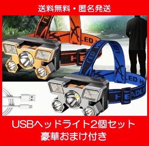 2個セット+おまけ付【色はお任せ】USB 充電式 LED ヘッドライト