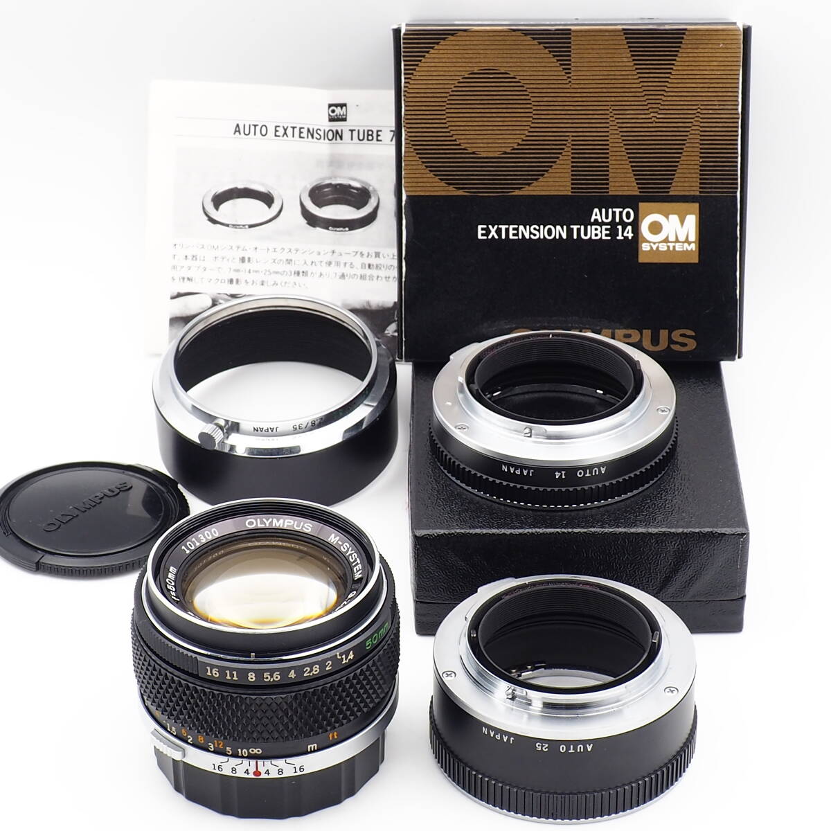 OLYMPUS M-SYSTEM G.ZUIKO AUTO-S 50mm F1.4 AUTO EXTENSION TUBE 14 25 1.4/50 1.8/50 2.8/35 Metal Hood OM-SYSTEM セット for OM-1 OM-2