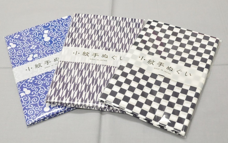 新品　小紋手ぬぐい 瓢箪唐草、矢羽、市松柄3本