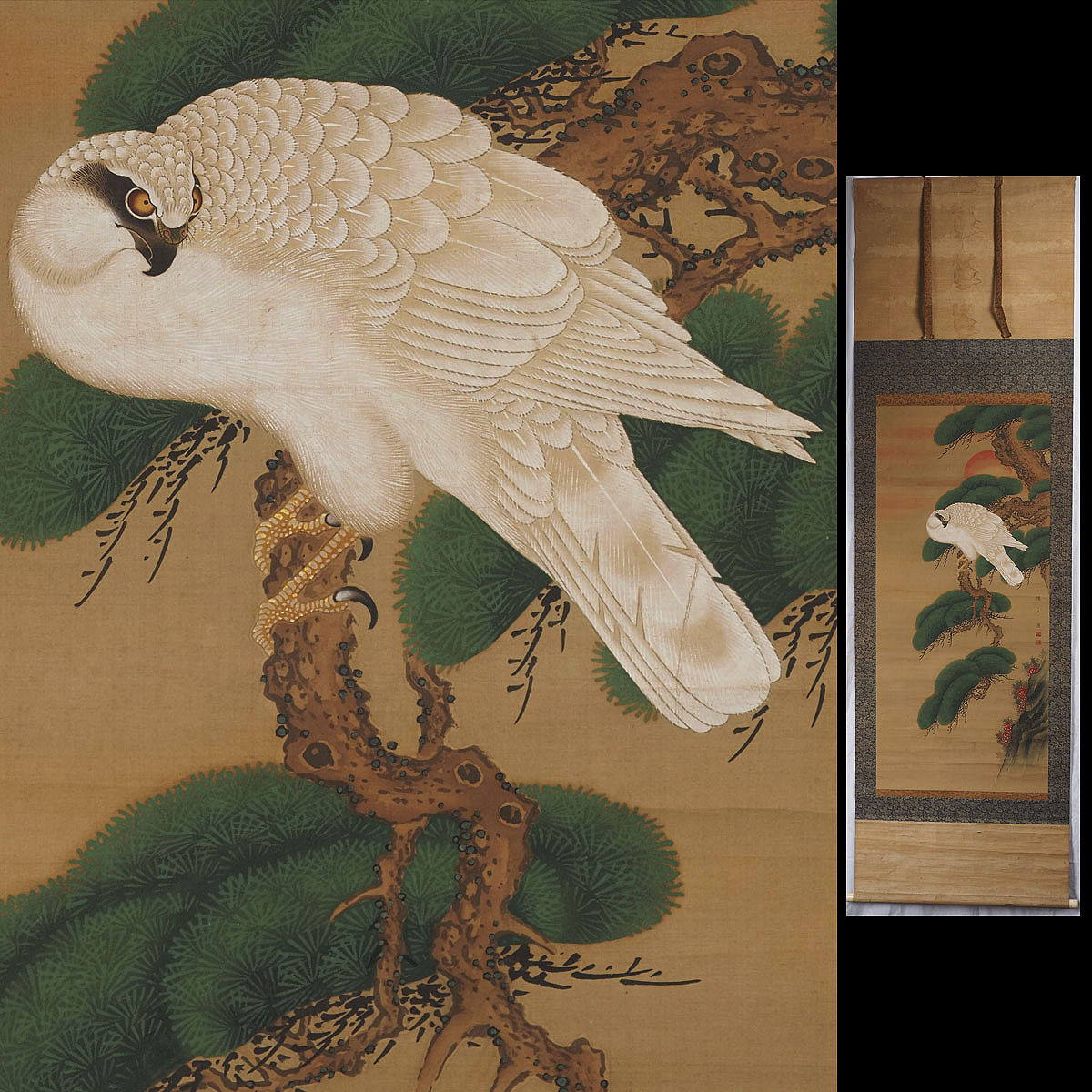【真作】XH74 旧家初出 在銘 白鷲之図 細密 肉筆 絹本 掛軸 / 江戸期 花鳥図 日本画 鷹之図 中国古玩 清代 清朝期