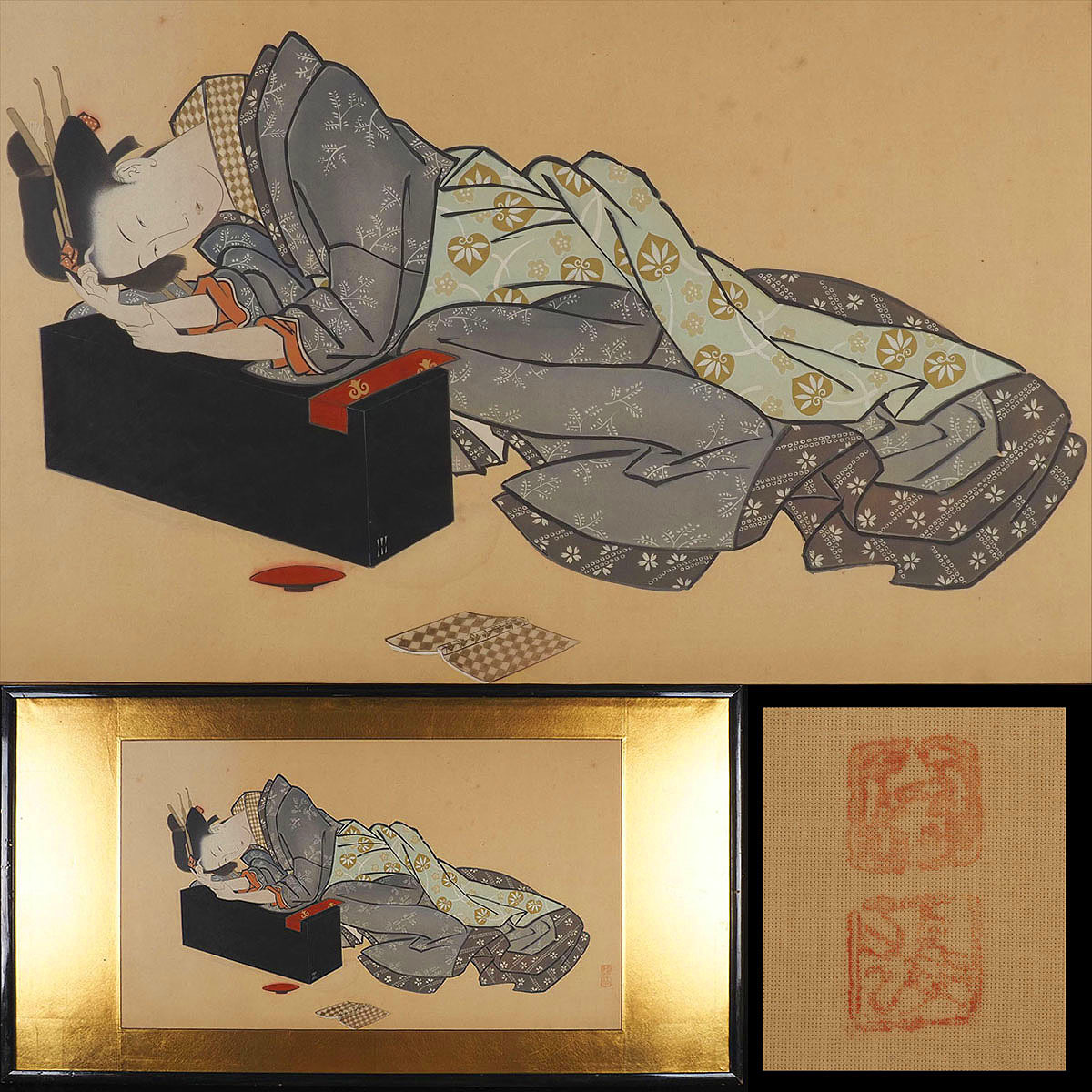 【真作】XH87 旧家初出 在銘 美人画 肉筆 絹本 46cm×85.5cm / 江戸期 浮世絵 日本画 錦絵 役者絵 掛軸