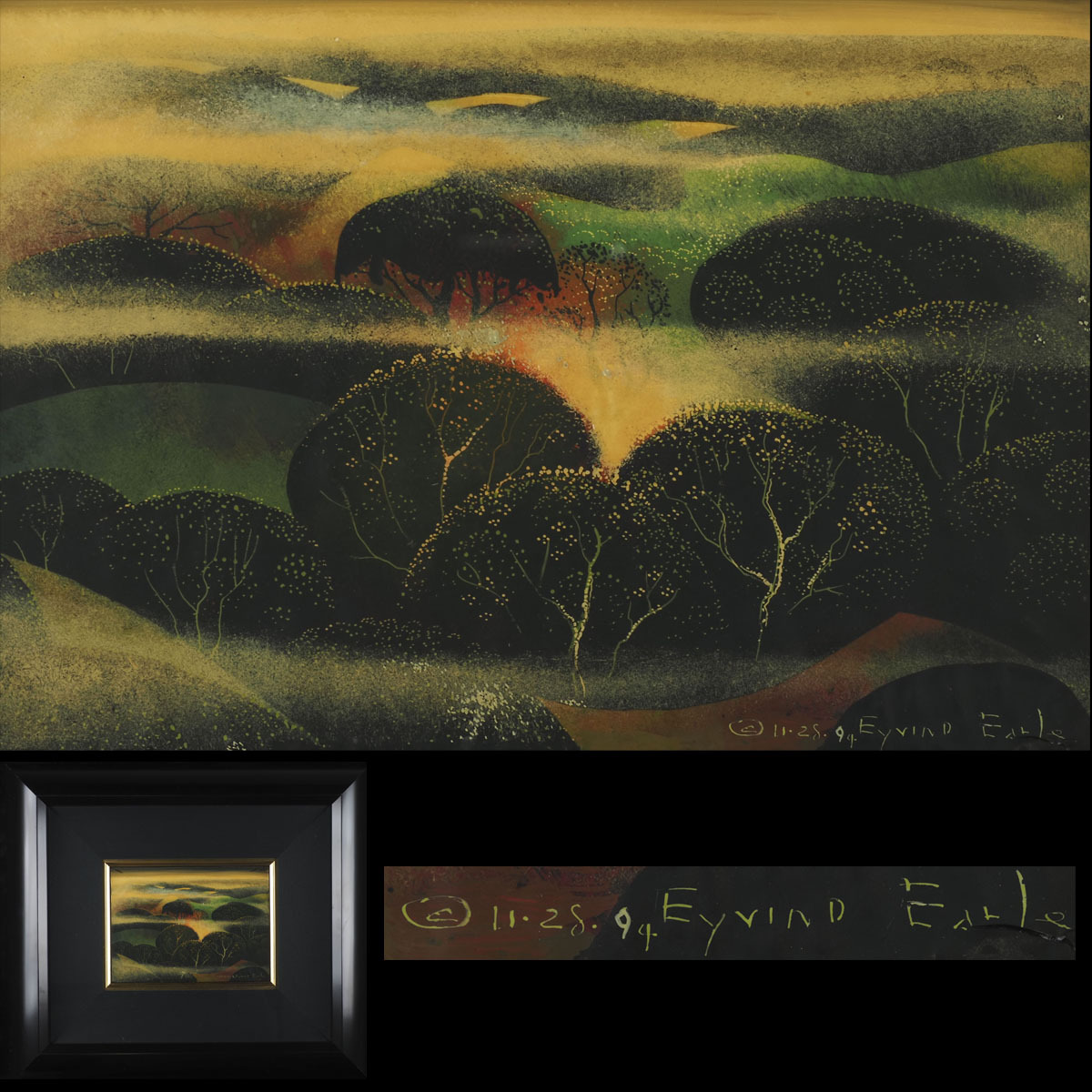 【真作】XI83_10 原画 アイベンロール Eyvind Earle「HILLSIDE THROUGH THE FOG」肉筆 油彩 タトウ箱 41cm×46.5cm / アイヴィント・アール