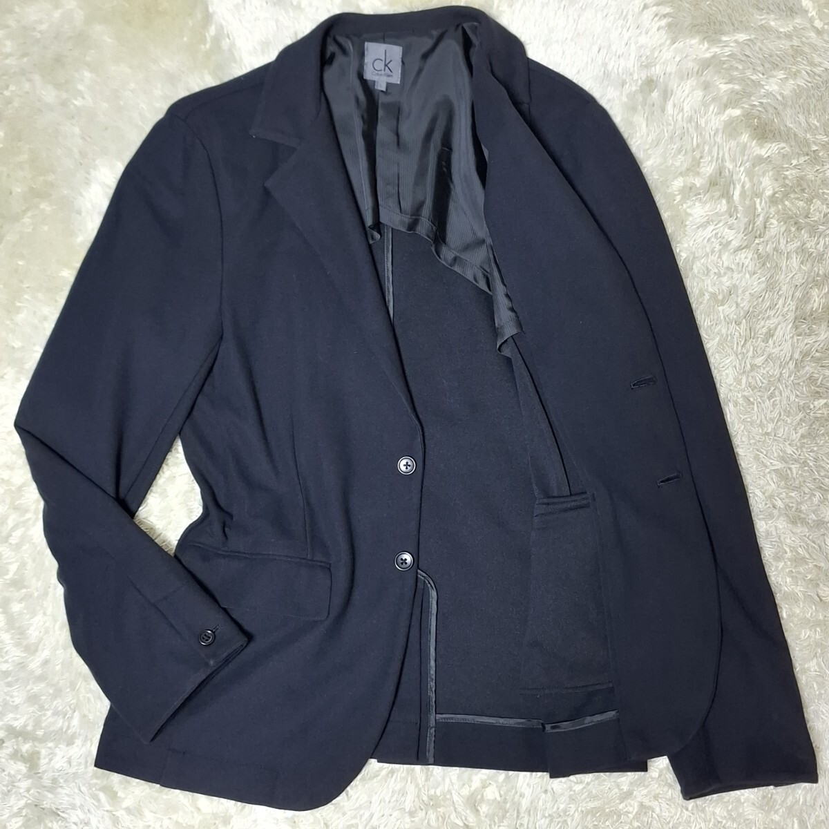 美品 希少Lサイズ カルバンクライン CALVIN KLEIN ニット テーラードジャケット 無地 鉄紺 ストレッチ 背抜き 本切羽 2B 手洗い洗濯済