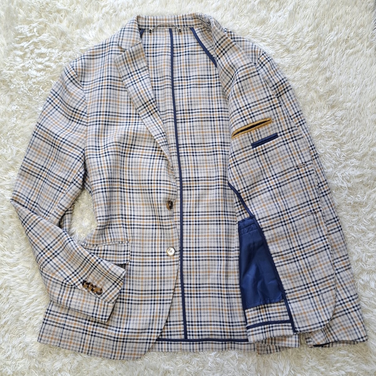 希少LLサイズ ザラ ZARA テーラードジャケット 千鳥格子 チェック柄 ベージュ系 マルチカラー ストレッチ ポリエステル 背抜き 手洗い洗濯