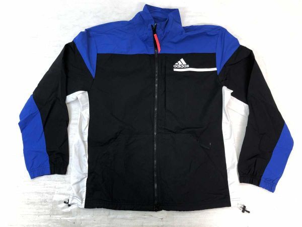 アディダス adidas スポーツ ストリート ロゴプリント 配色切替 ジップアップ ウィンドブレーカー ブルゾン ジャケット メンズ M 黒青