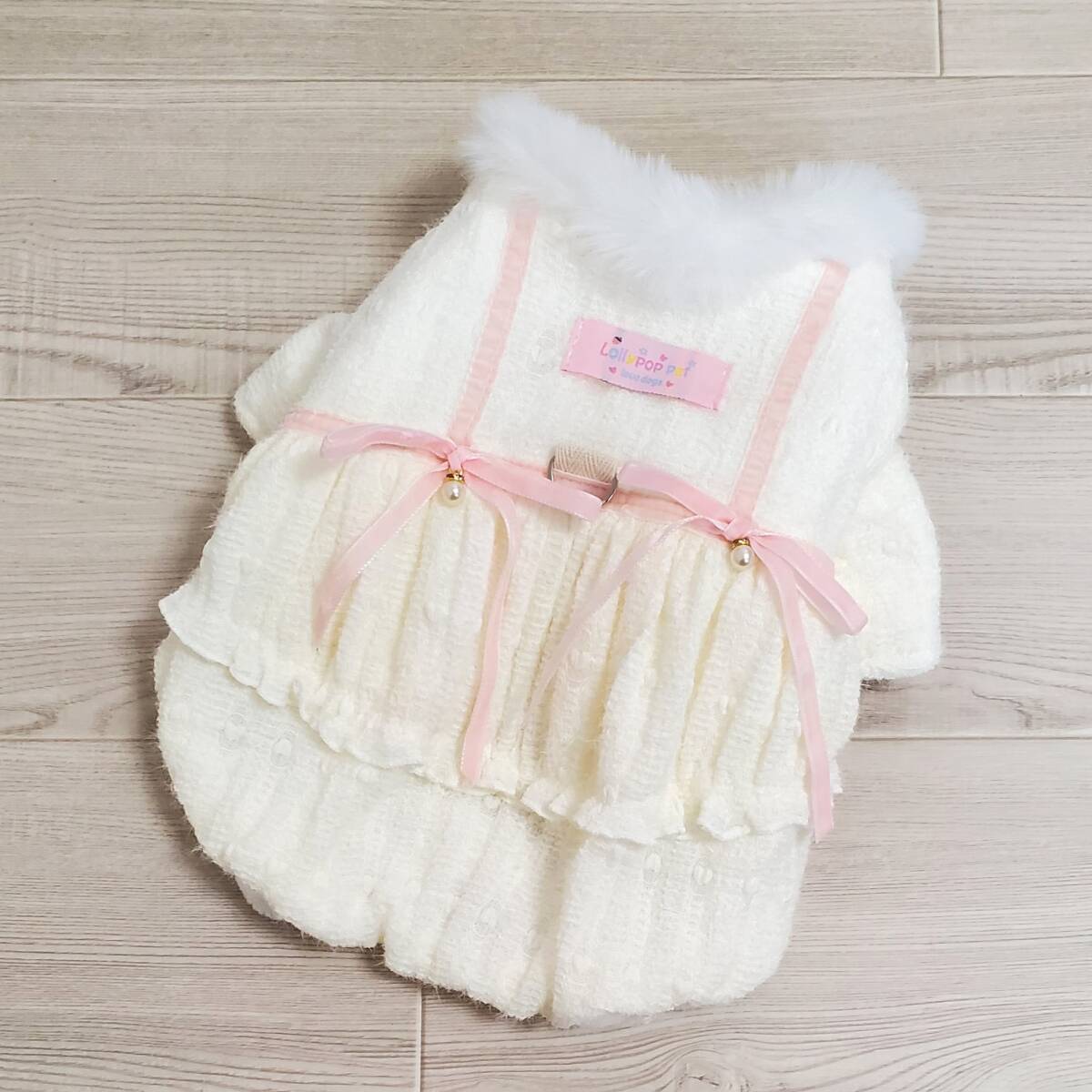 Mサイズ◆【新品未使用】残り1枚 犬服 ワンピース 裏起毛 ふわもこ りぼん