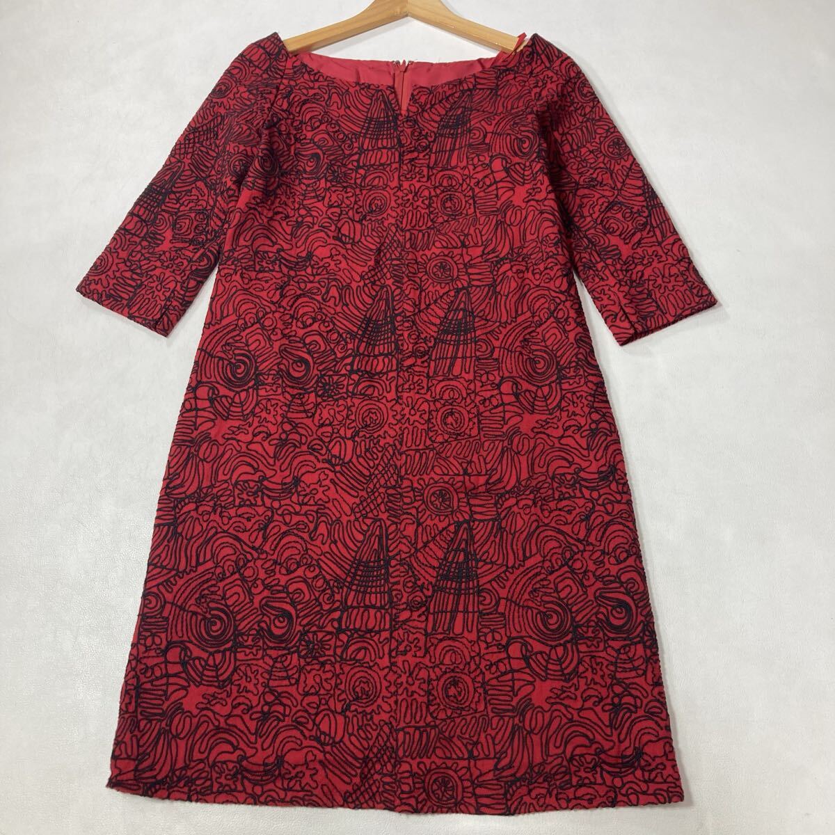 261 Sybilla シビラ アート 総柄刺繍 7分袖 ワンピース ペチキャミ M レッド 日本製 バックジップ レディース 60123AH