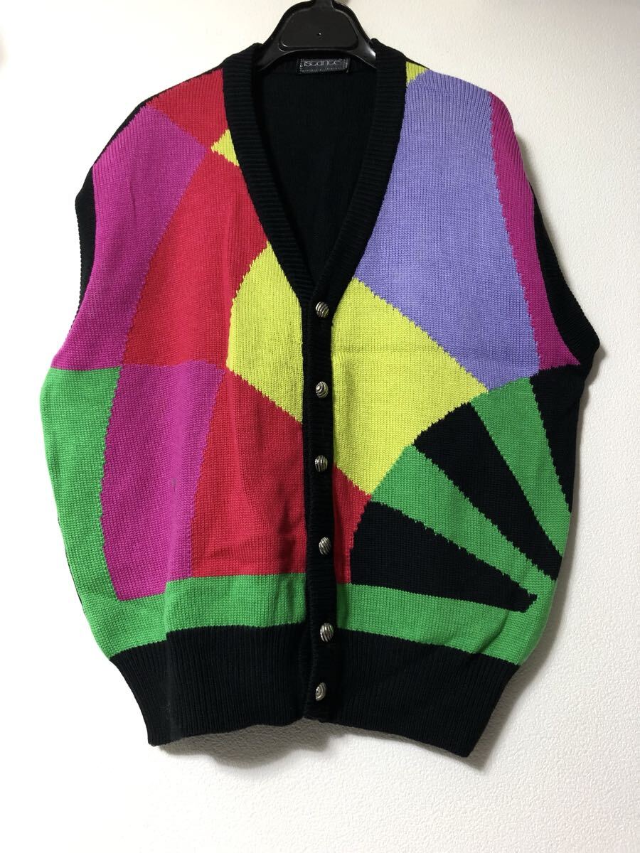 istante versace オールド イタリア製 マルチカラー 幾何 ウールニット ベスト 48 メンズ 黒ベース メタルボタン 90s 