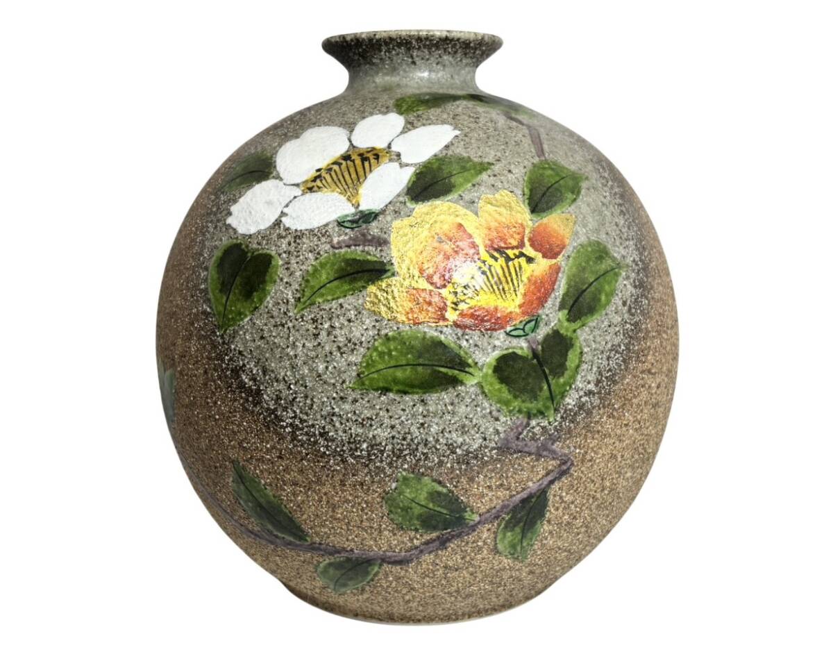 【送料無料!!】九谷焼 穂光 花瓶 金箔山茶花 澤田富雄 在銘 工芸品 花柄 壺 ツボ 花瓶 金彩 花柄 高さ約19㎝ 幅約18cm 現状品