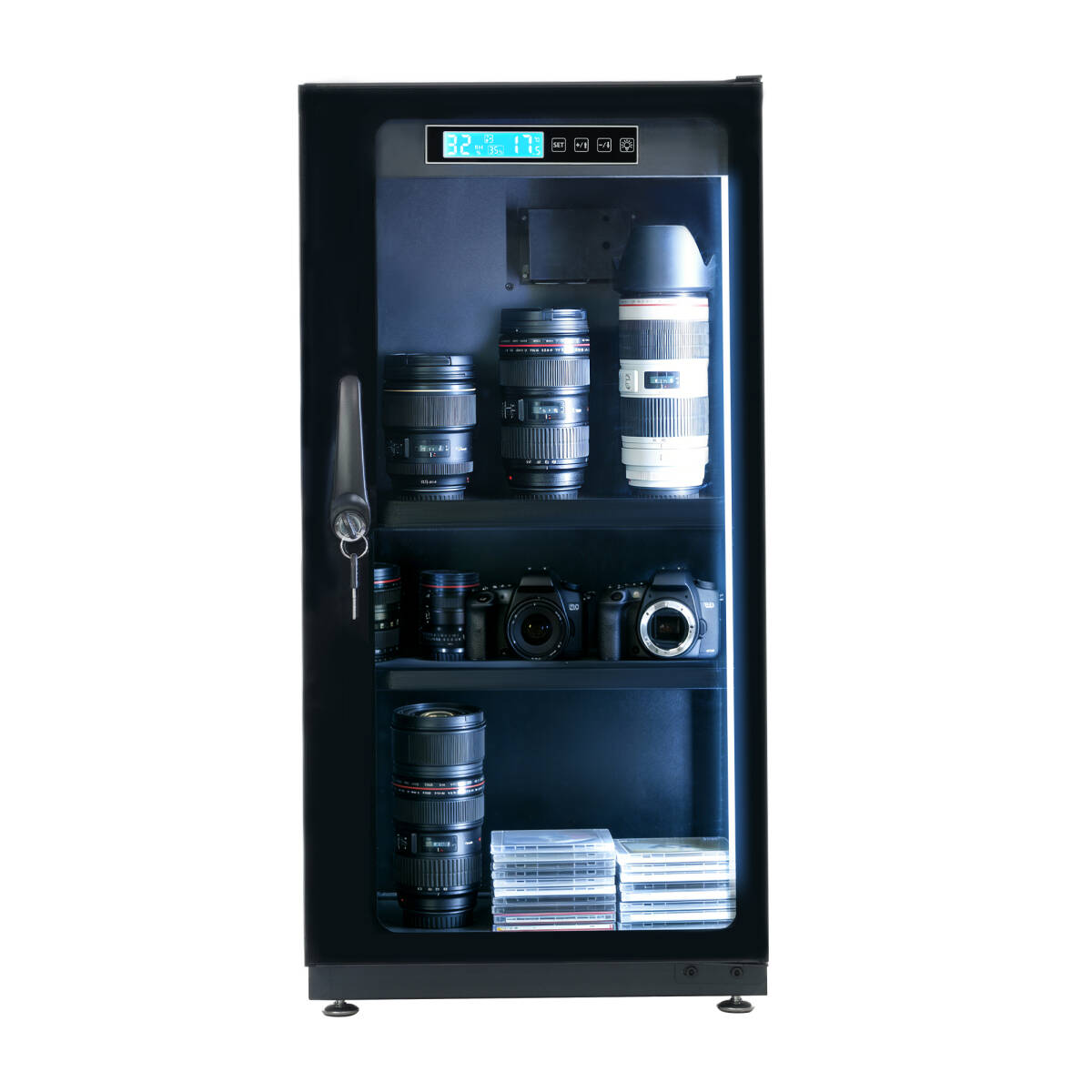防湿庫 容量65L ブラックドライボックス 自動除湿 カビ対策 静音 鍵付き LED照明内蔵 タッチボタン ECO省エネ デジタル温度湿度表示