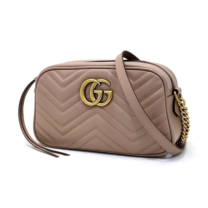 【新品同様】グッチ(GUCCI) GGマーモント スモールカメラバッグ 447632 レザー ピンクベージュ ゴールド金具 ショルダーバッグ 保存袋 冊子