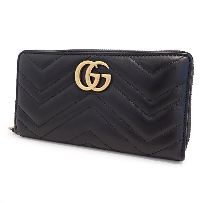 【新品同様】グッチ(GUCCI) ラウンドジップ ウォレット 443123 GGマーモント レザー ブラック ゴールド金具 長財布 ロングウォレット