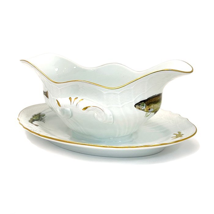 リチャードジノリ(Richard Ginori) グレイビーボード&スタンド フィッシュデコー クネル ホワイト 金彩 取っ手 ソース入れ 食器 陶器 磁器
