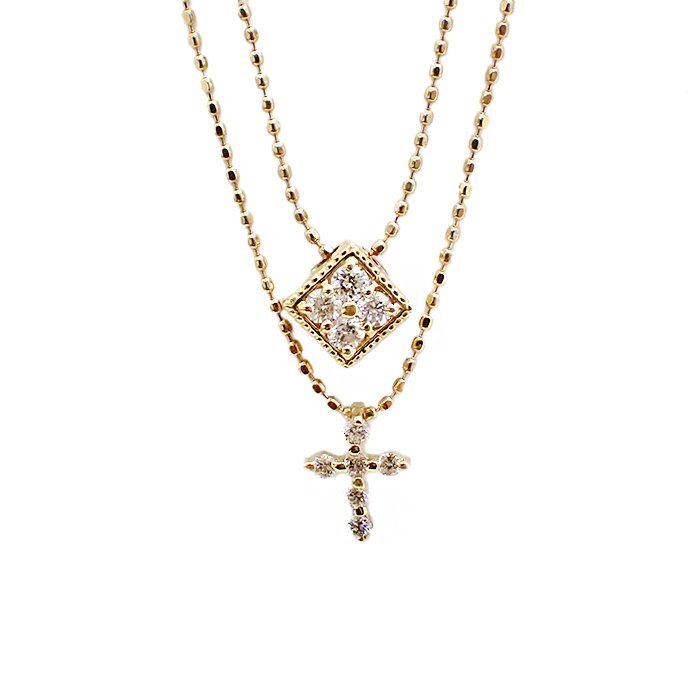 K18 ダイヤモンド ネックレス 2連 クロス スクエア 0.23ct 3.3g イエローゴールド 18金 ダイヤ ジュエリー アクセサリー 宝石