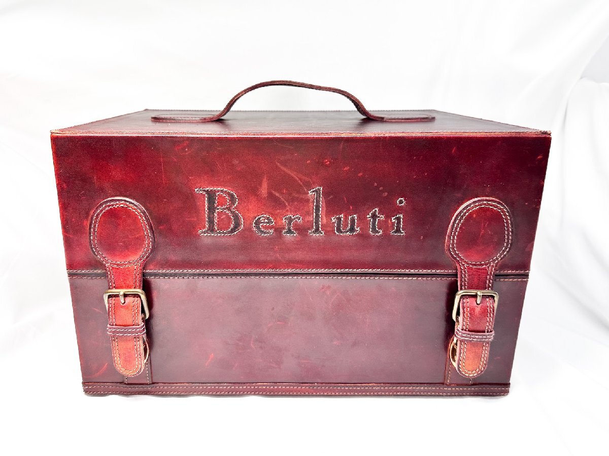 HH 超美品 【ベルルッティ Berluti】 オールレザー 刺繍ロゴ シューケア収納ボックス 仕分けBOX (メンズ) ブラウン ★5HT3042★