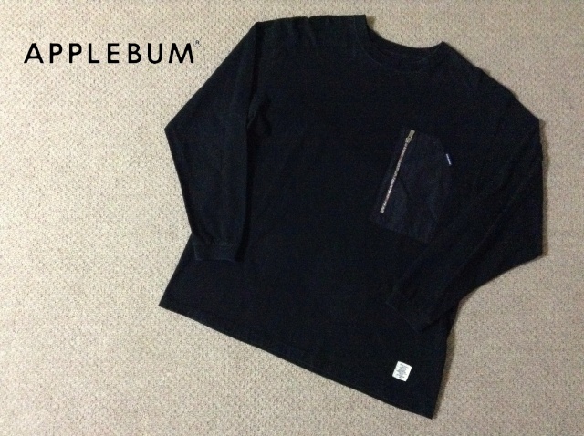 ★中古★アップルバム 胸ポケット付き プリント コットン 長袖Tシャツ ロングスリーブ ロンT XL 黒 ブラック APPLEBUM