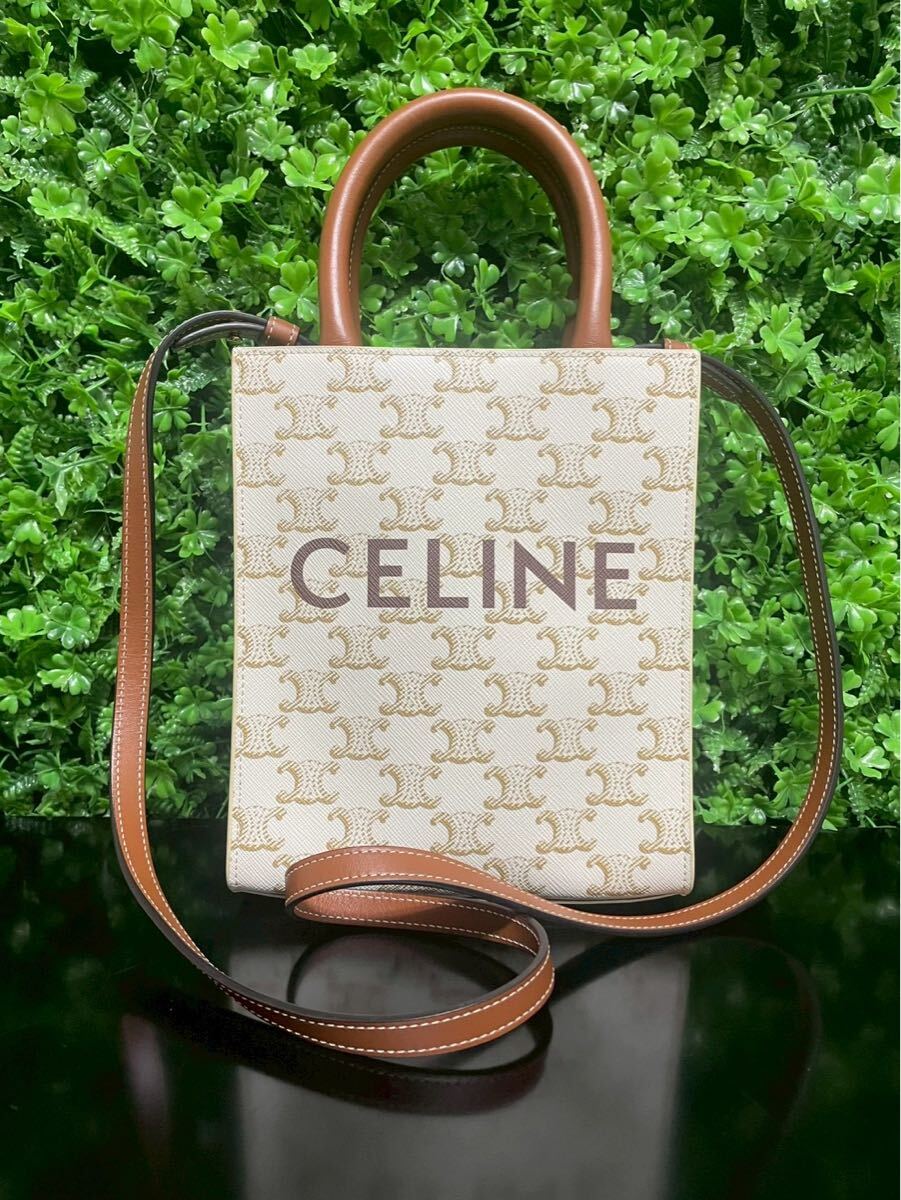 極美品　 CELINE セリーヌ ショルダーバッグ ミニ トリオンフ バーティカル ハンドバッグ カバ キャンバス 2way