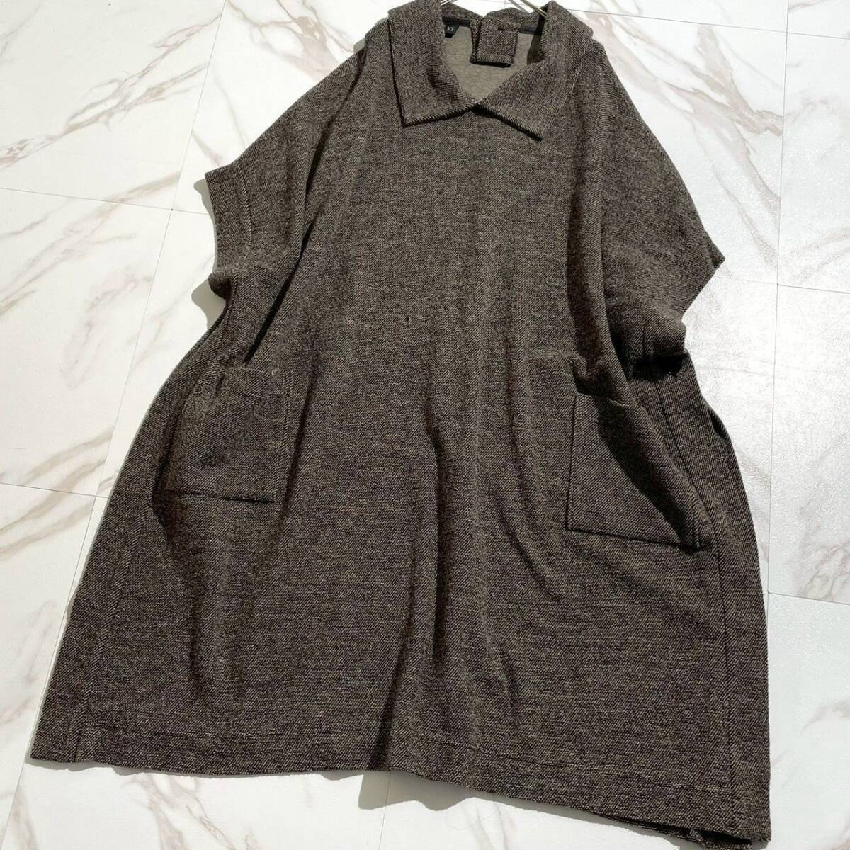 【入手困難】Y's ワイズ YOHJI YAMAMOTO ヨウジヤマモト ニットポンチョ プルオーバー 襟付 ロングコート ウール ブラウン オーバーサイズ