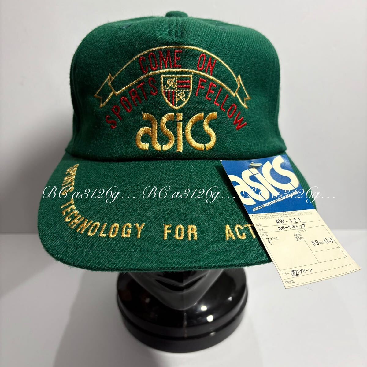 新品 日本製 asics 総刺繍CAP GREEN 59cm Lサイズ ASICS アシックス キャップ 帽子 '80~'90s デッドストック タグ付き MADE IN JAPAN