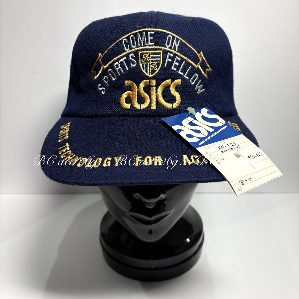 新品 日本製 asics 総刺繍CAP NAVY 59cm Lサイズ ASICS アシックス キャップ 帽子 '80~'90s デッドストック タグ付き MADE IN JAPAN