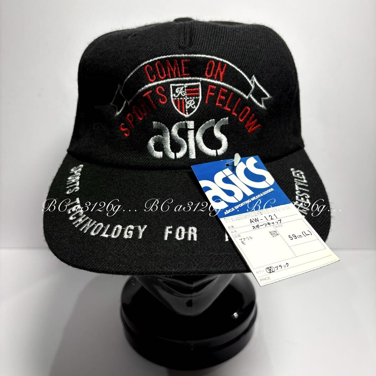 新品 日本製 asics 総刺繍CAP BLACK 59cm Lサイズ ASICS アシックス キャップ 帽子 '80~'90s デッドストック タグ付き MADE IN JAPAN