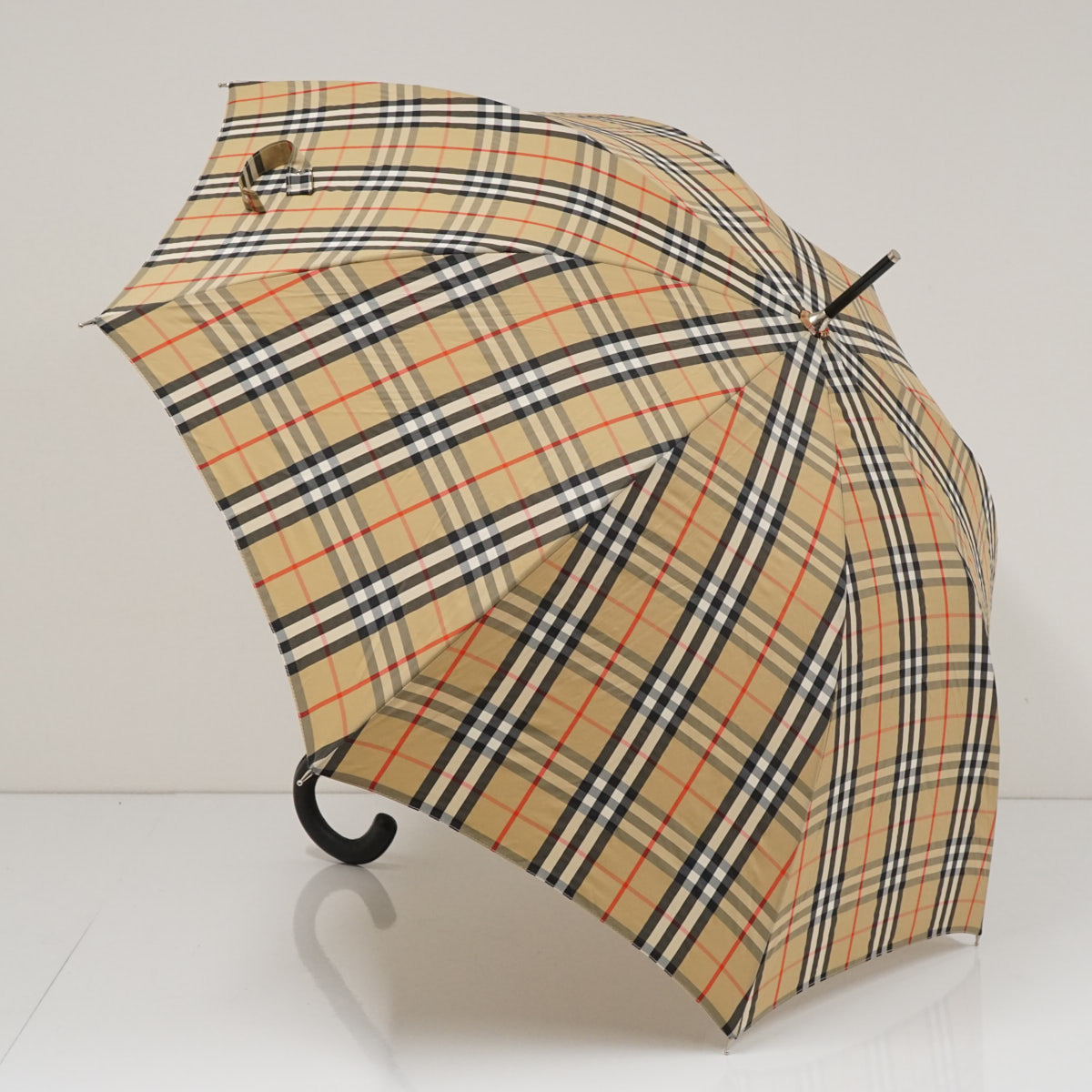 高級傘 BURBERRY LONDON バーバリー USED美品 チェック 定番柄 ベージュ グラス骨 ジャンプ レザー手元 60cm S3409
