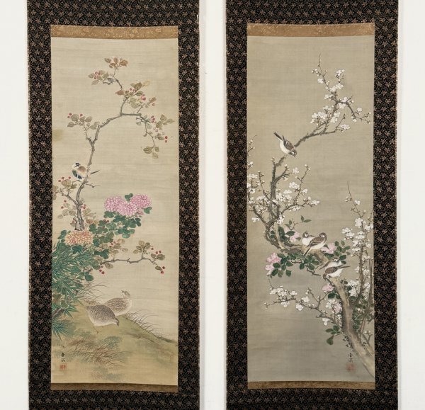 【真作 佳品】掛軸「春木南溟 花卉郡鳥図 双幅」幕末明治 南画家 耕雲漁者 呑山楼 花鳥画 絵画