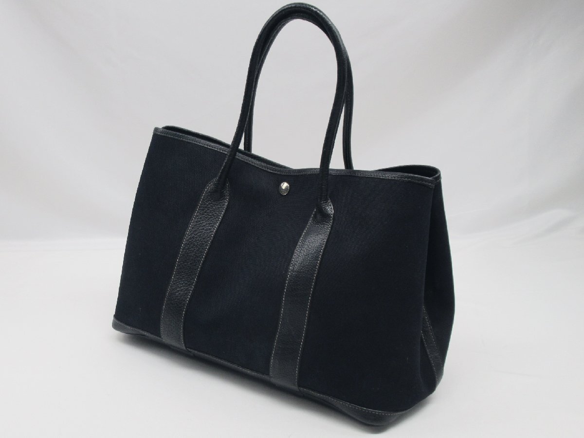☆☆【B送900円】3151　HERMES　エルメス　ガーデンパーティPM　トートバッグ/ハンド　キャンバス×レザー　フランス製　ブラック　G刻印