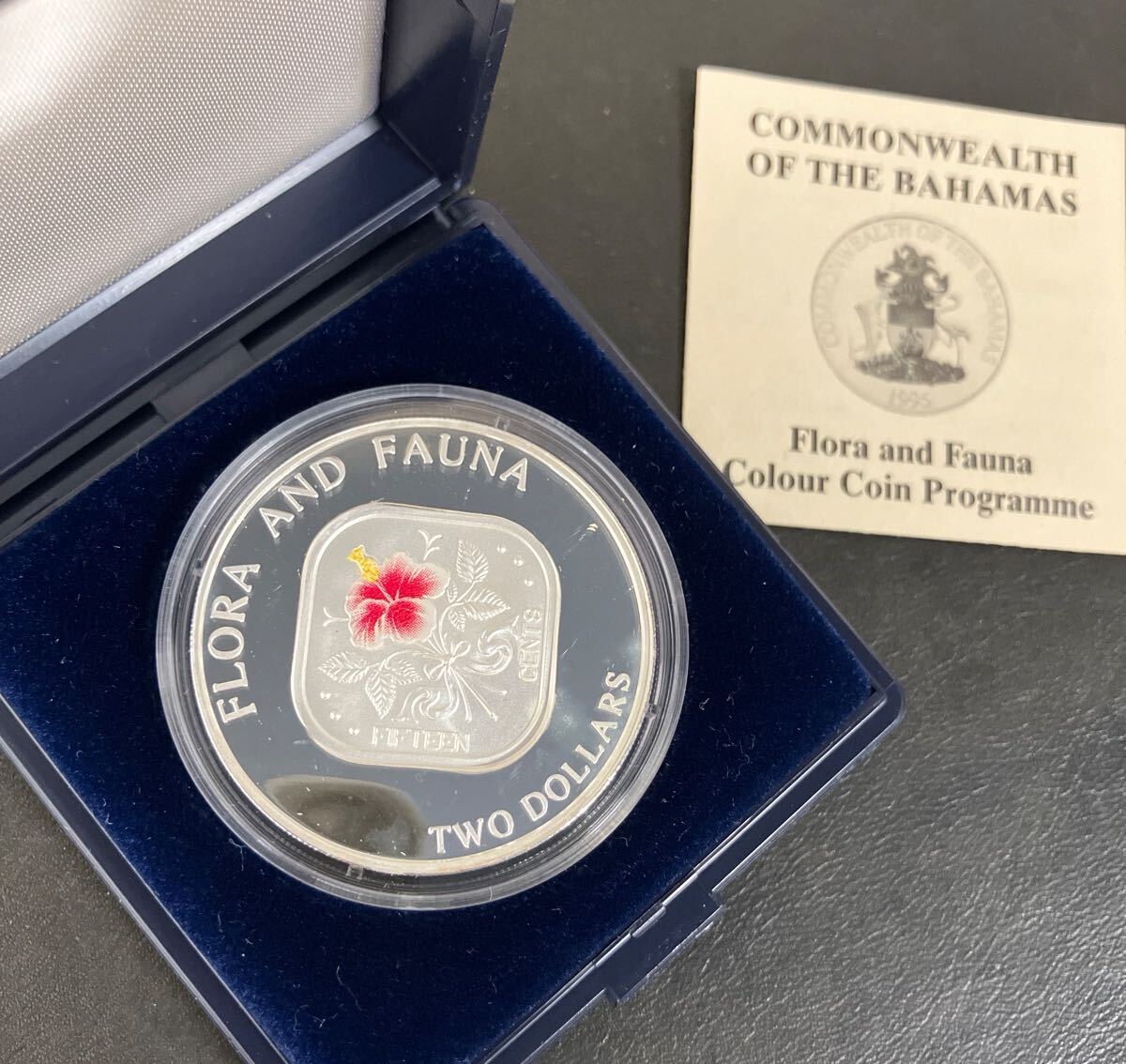 ③ 1995年 バハマ Flora and Fauna カラーコインプログラム 2ドル プルーフ銀貨 ハイビスカス ケース入り美品 アンティークコイン ★20
