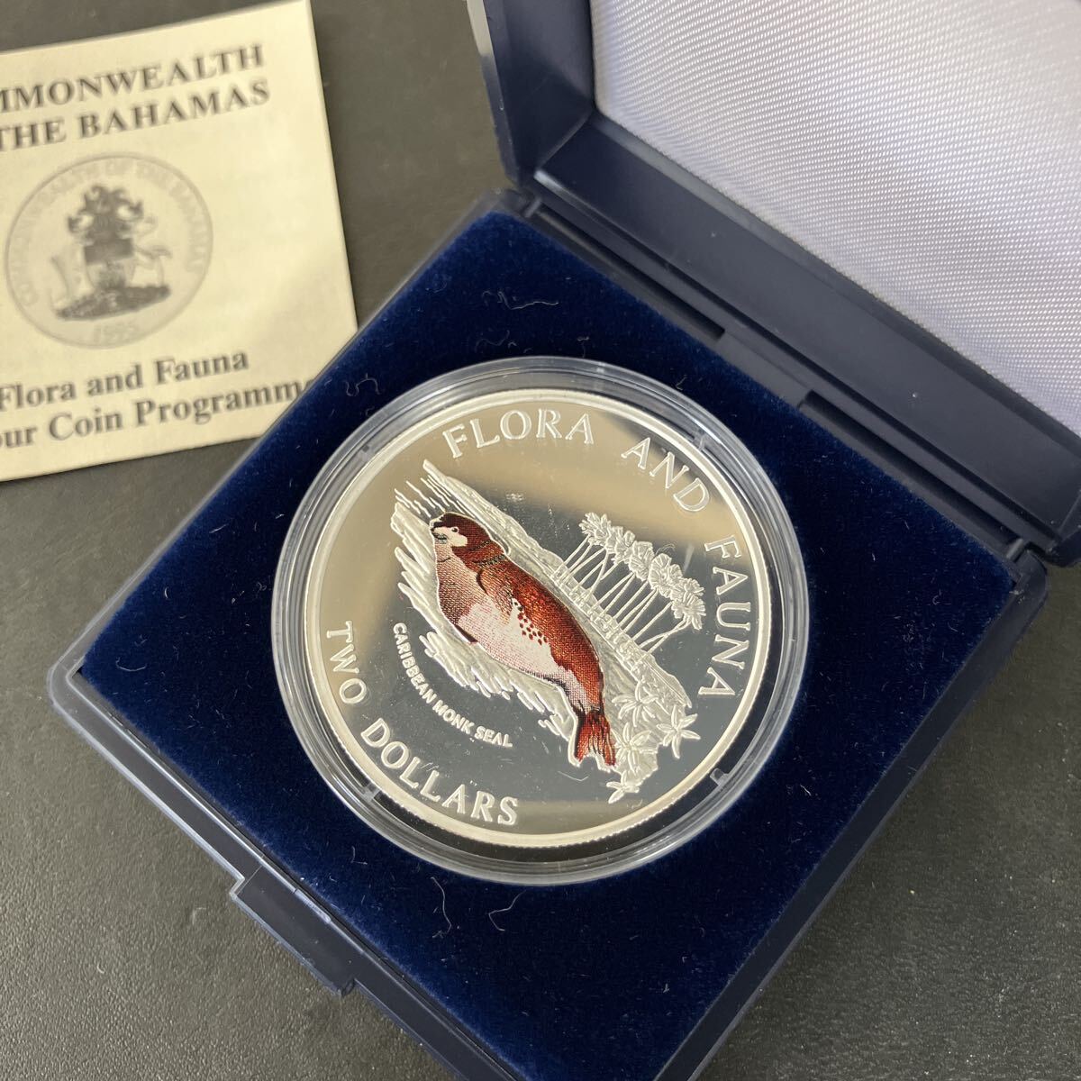 ① 1995年 バハマ Flora and Fauna カラーコインプログラム 2ドル プルーフ銀貨 カリブモンクアザラシ モンクシール ケース入り美品★20