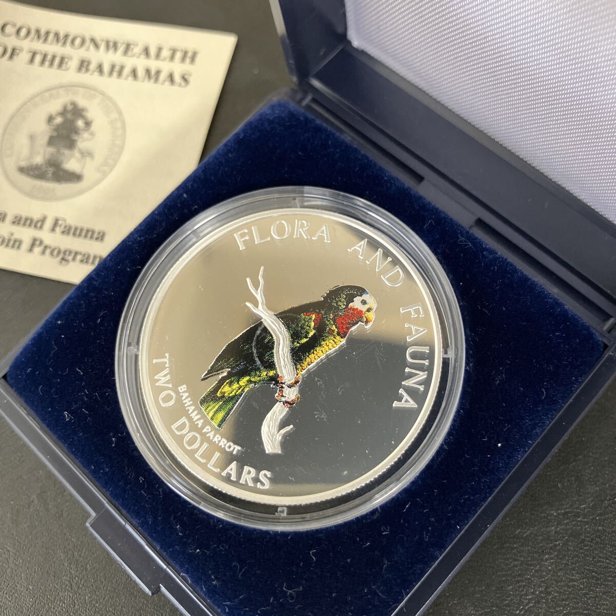 ② 1995年 バハマ Flora and Fauna カラーコインプログラム 2ドル プルーフ銀貨 バハマアマゾンオウム ケース入り美品 ★20