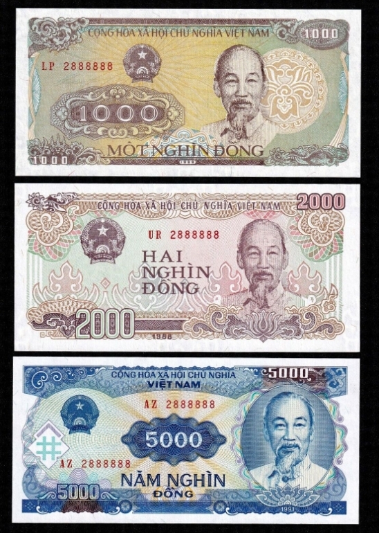 ベトナム　1988年～1991年　1000,2000,5000Dong 3種3枚 準未使用（複数入札可）